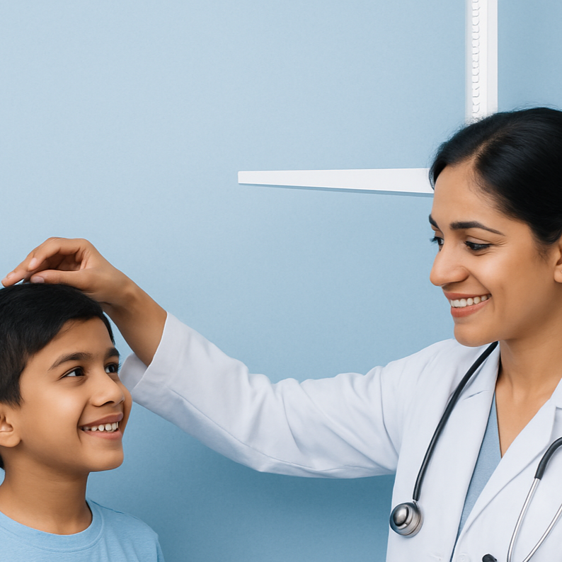 Doctor measuring a child's height against a blue wall